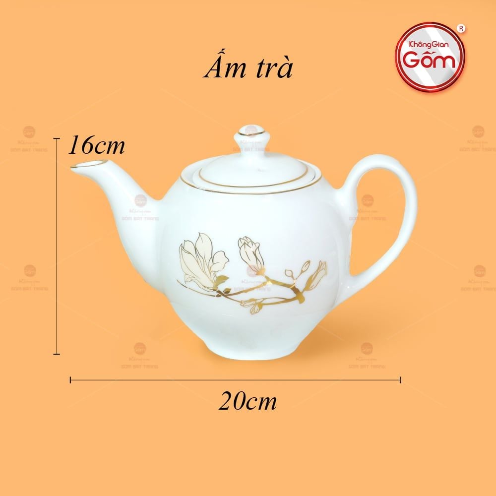 Bộ Trà Men Trắng Dáng Minh Long Hoa Mộc Lan Vẽ Vàng