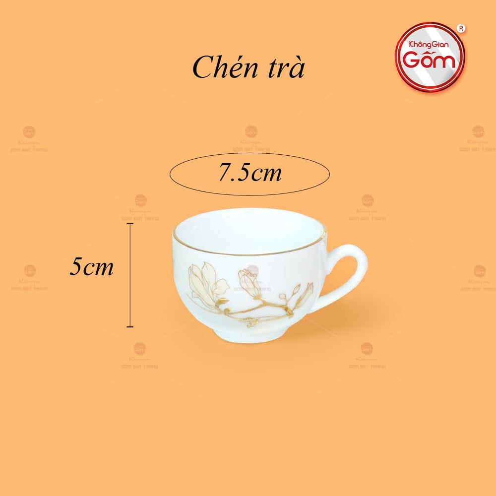 Bộ Trà Men Trắng Dáng Minh Long Hoa Mộc Lan Vẽ Vàng