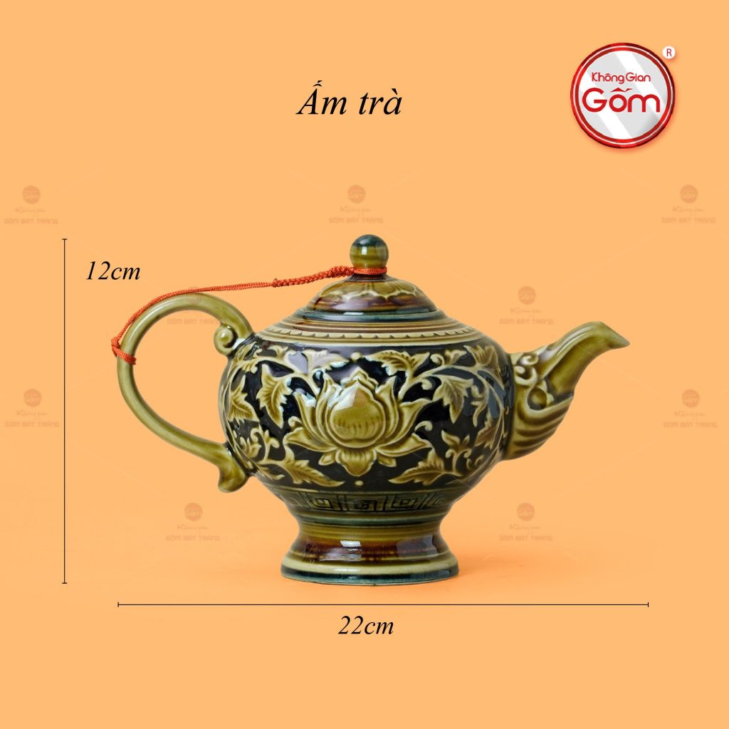 Bộ Ấm Chén Khắc Nổi Hoa Sen Nền Đen