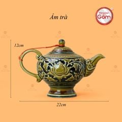 Bộ Ấm Chén Khắc Nổi Hoa Sen Nền Đen