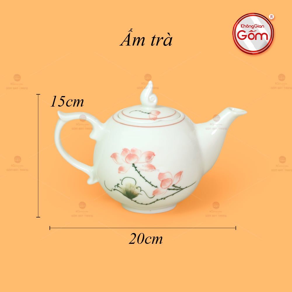 Bộ Trà Men Trắng Mẫu Đơn Vẽ Hoa Sen Màu