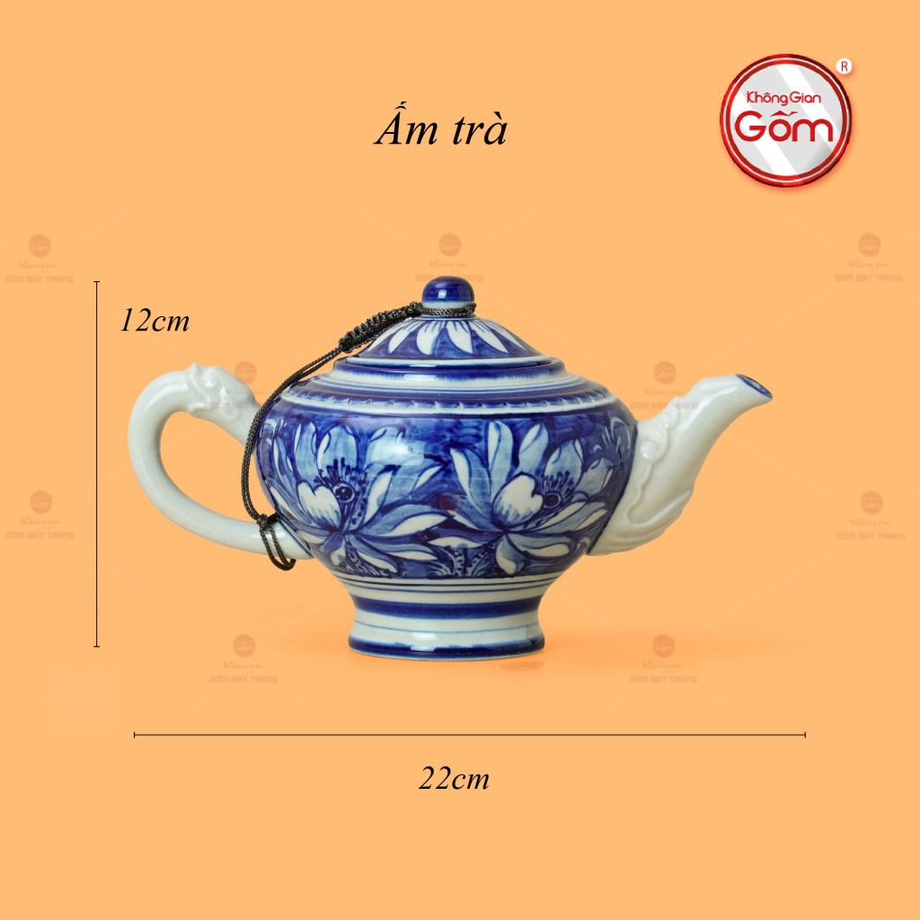 Bộ Ấm Chén Men Lam Vẽ Tay Hoa Sen