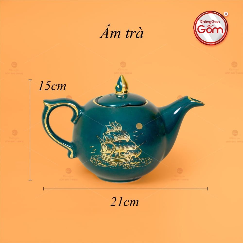 Bộ Trà Men Xanh Lam Mẫu Đơn Thuận Buồm Xuôi Gió Vẽ Vàng