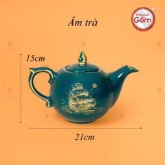 Bộ Trà Men Xanh Lam Mẫu Đơn Thuận Buồm Xuôi Gió Vẽ Vàng