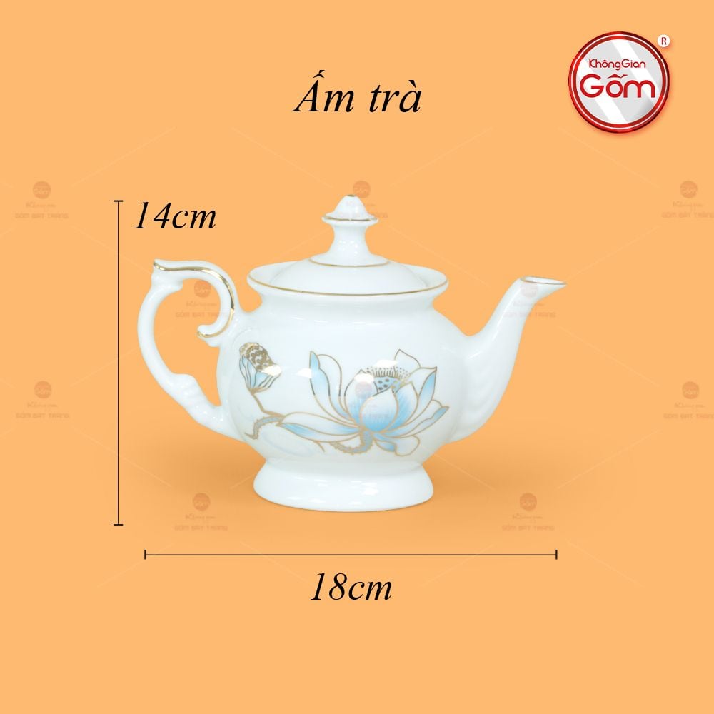 Bộ Trà Đài Các Hoa Sen Xanh Vẽ Vàng