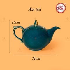 Bộ Trà Men Xanh Lam Mẫu Đơn Kẻ Vàng