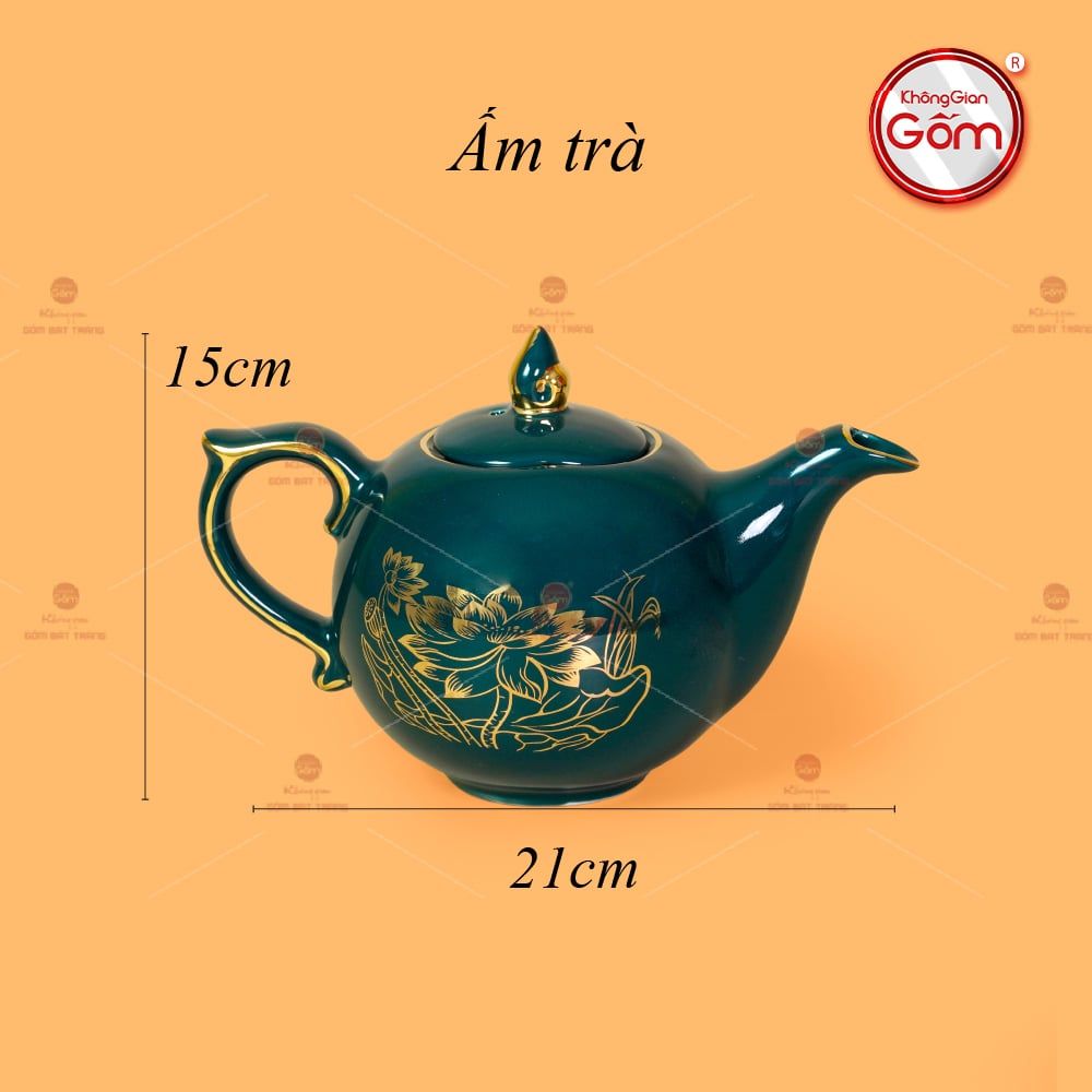 Bộ Trà Men Xanh Lam Mẫu Đơn Hoa Sen Vẽ Vàng