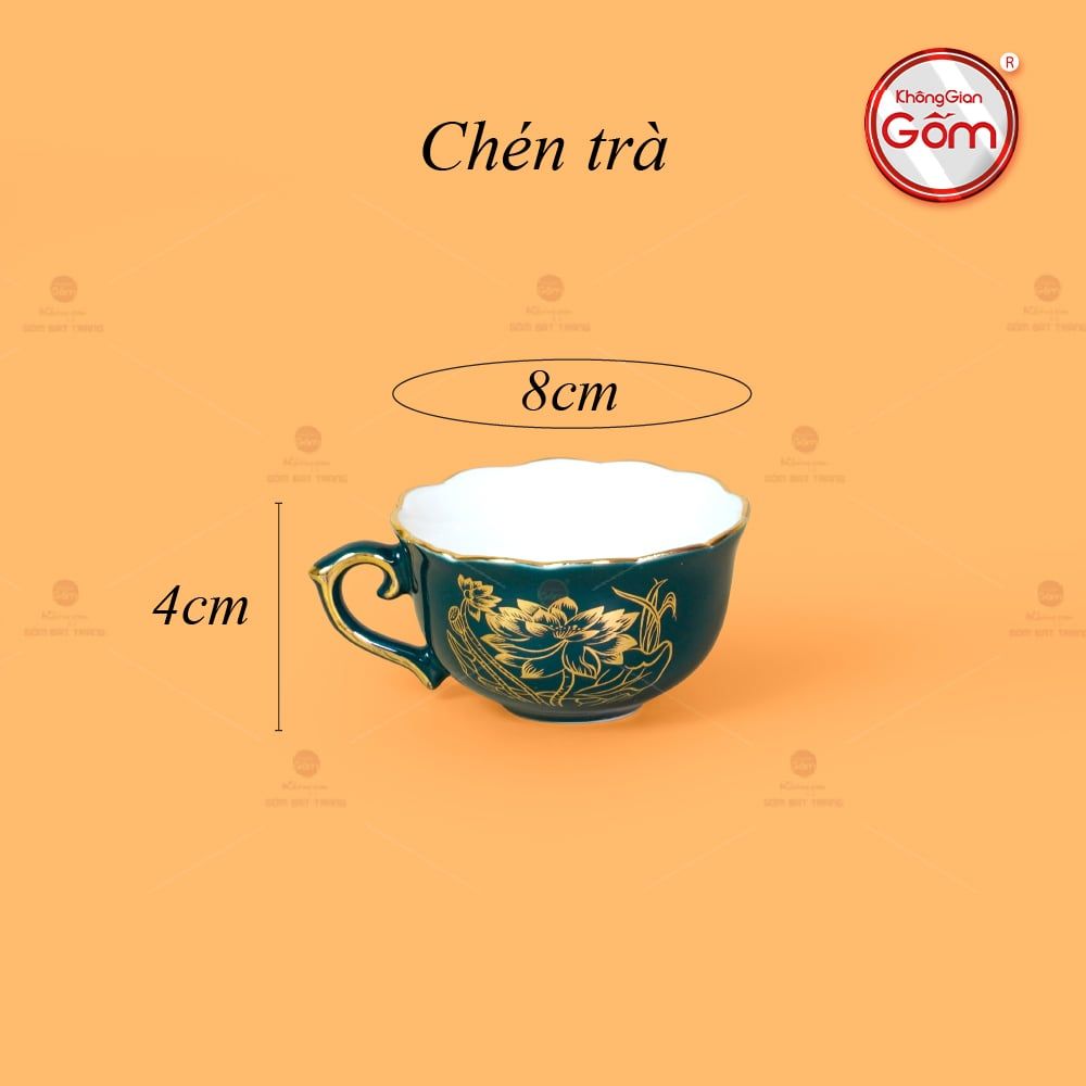 Bộ Trà Men Xanh Lam Mẫu Đơn Hoa Sen Vẽ Vàng