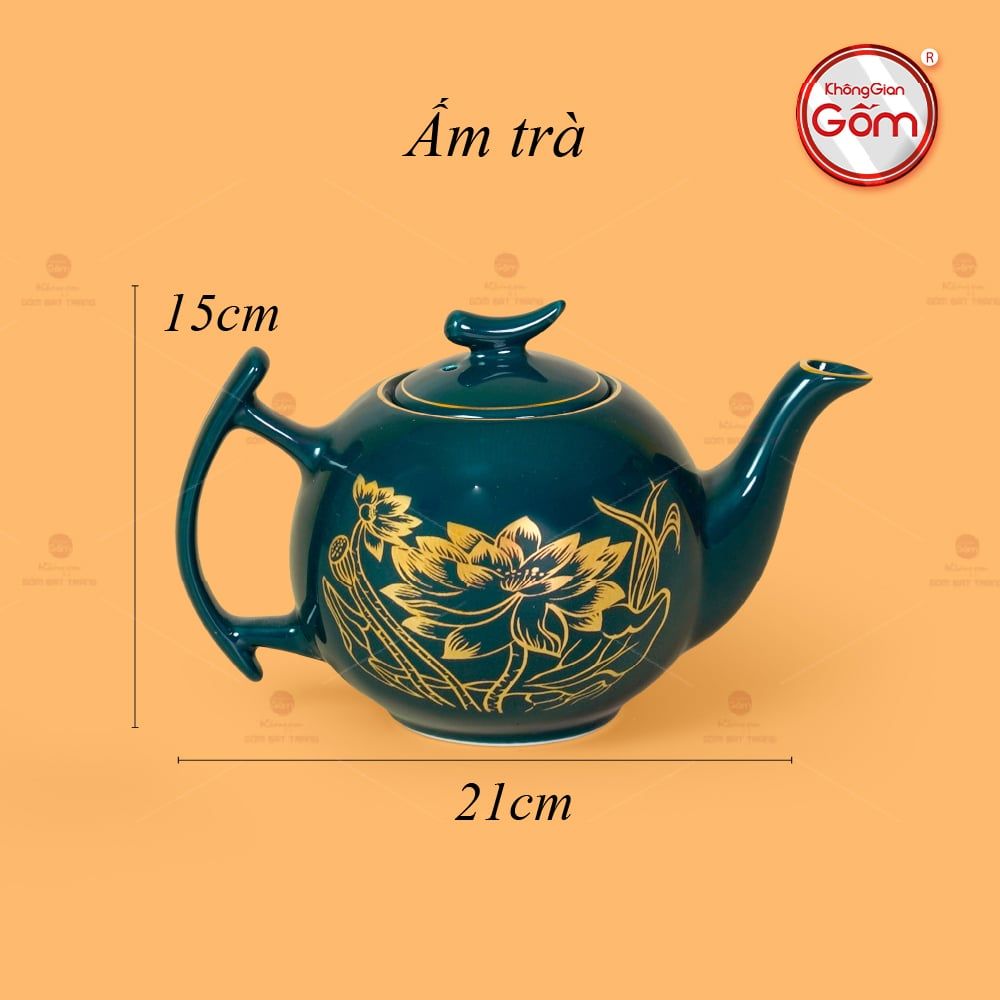 Bộ Trà Men Xanh Lam Bưởi Cành Hoa Sen Vẽ Vàng