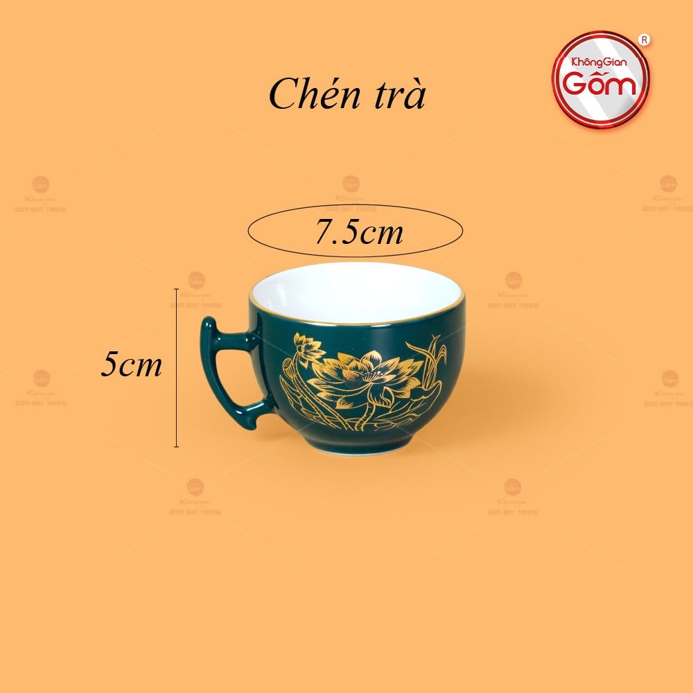 Bộ Trà Men Xanh Lam Bưởi Cành Hoa Sen Vẽ Vàng