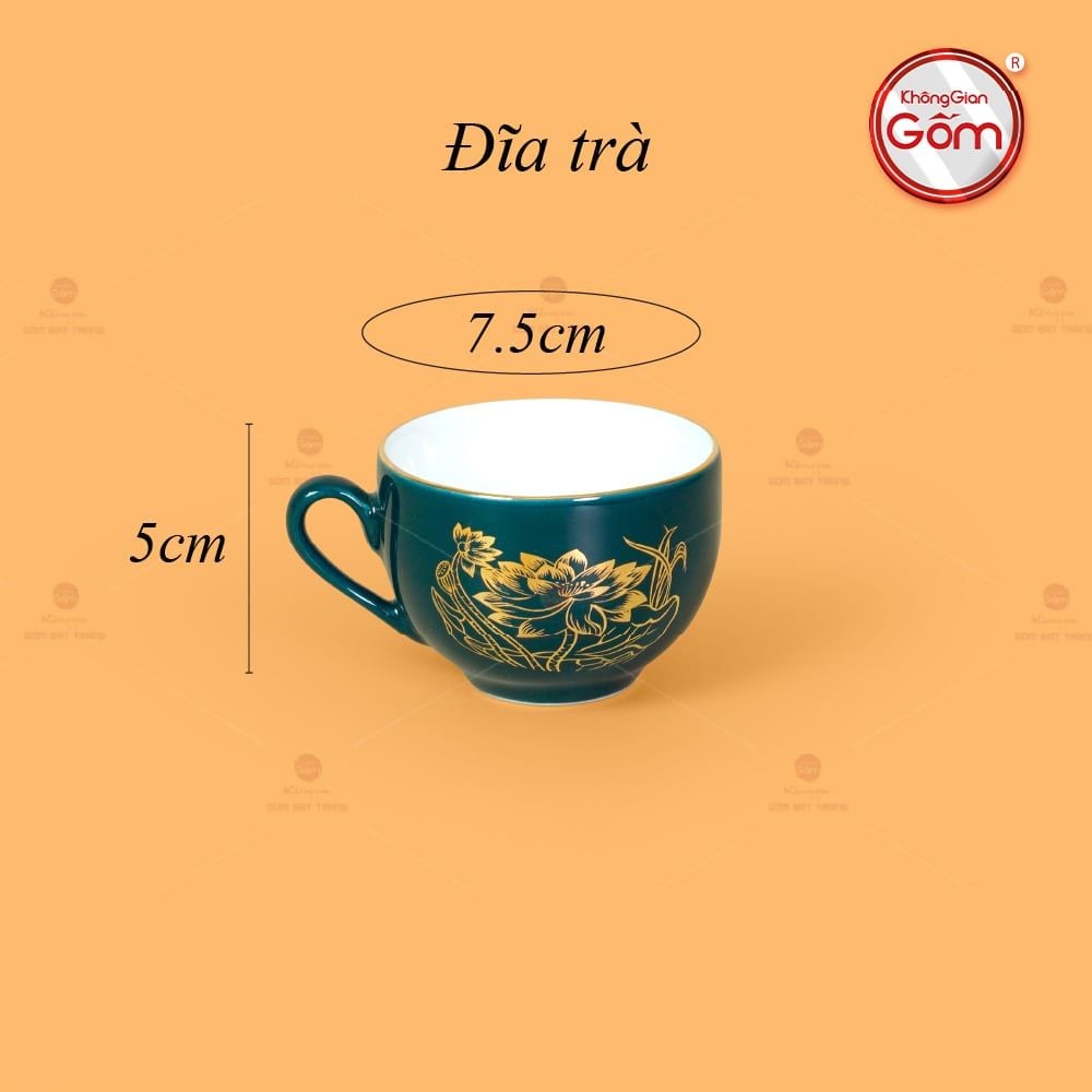 Bộ Trà Men Xanh Lam Ngọn Lửa Hoa Sen Vẽ Vàng