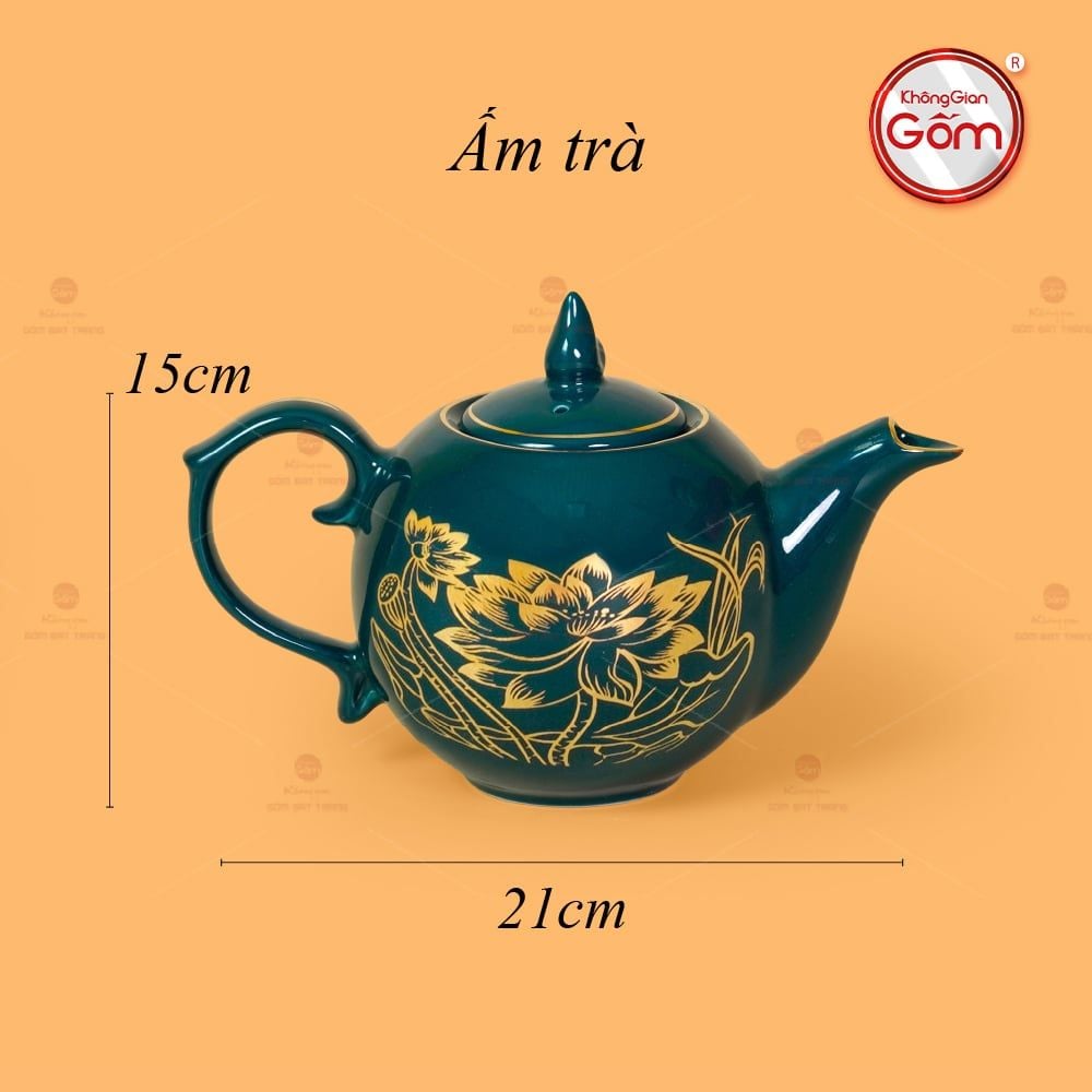 Bộ Trà Men Xanh Lam Ngọn Lửa Hoa Sen Vẽ Vàng