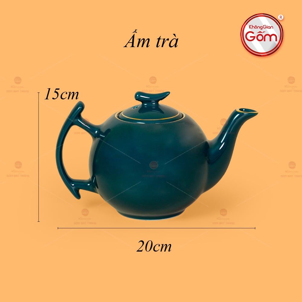 Bộ Trà Men Xanh Lam Bưởi Cành Kẻ Vàng