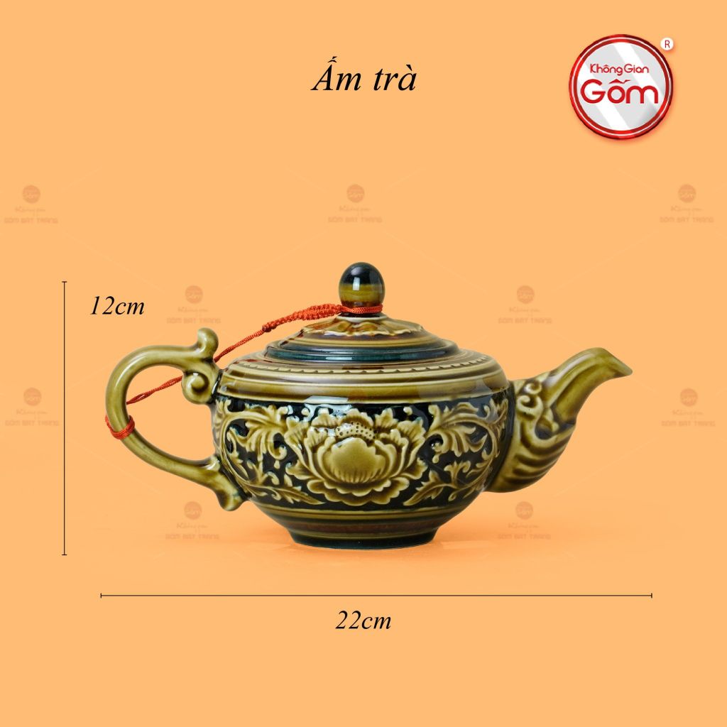 Bộ Ấm Chén Khắc Nổi Hoa Phù Dung Nền Đen