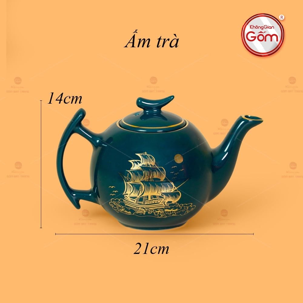 Bộ Trà Men Xanh Lam Bưởi Cành Thuận Buồm Xuôi Gió Vẽ Vàng