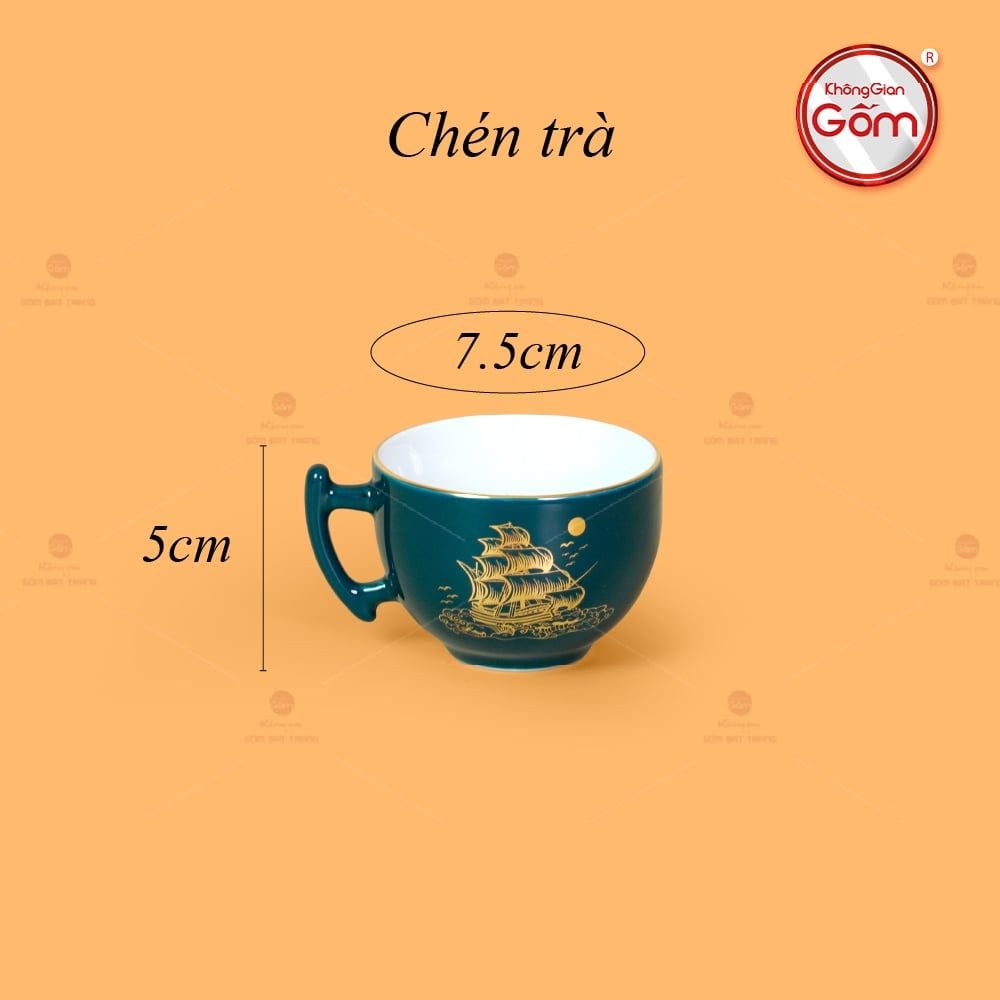 Bộ Trà Men Xanh Lam Bưởi Cành Thuận Buồm Xuôi Gió Vẽ Vàng