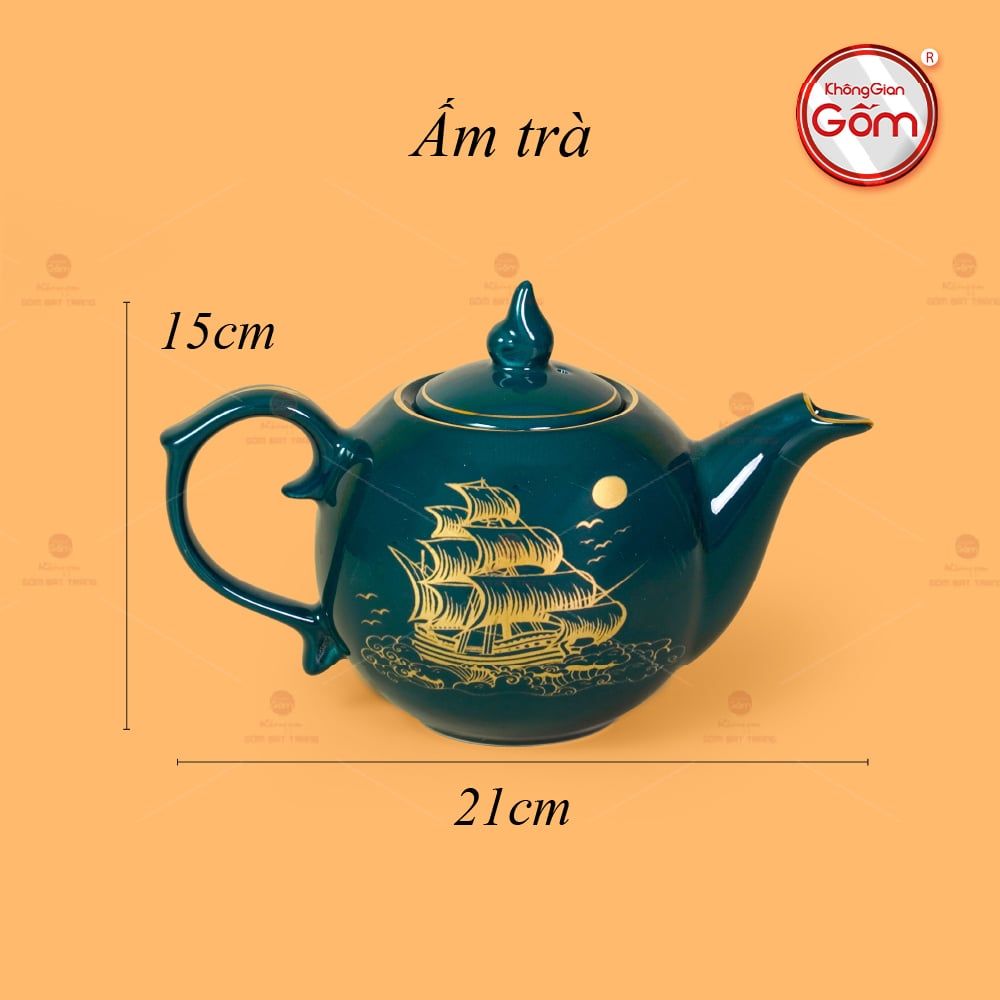 Bộ Trà Men Xanh Lam Ngọn Lửa Thuận Buồm Xuôi Gió Vẽ Vàng