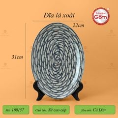Đĩa Lá Xoài Men Trắng Vẽ Cá Đàn