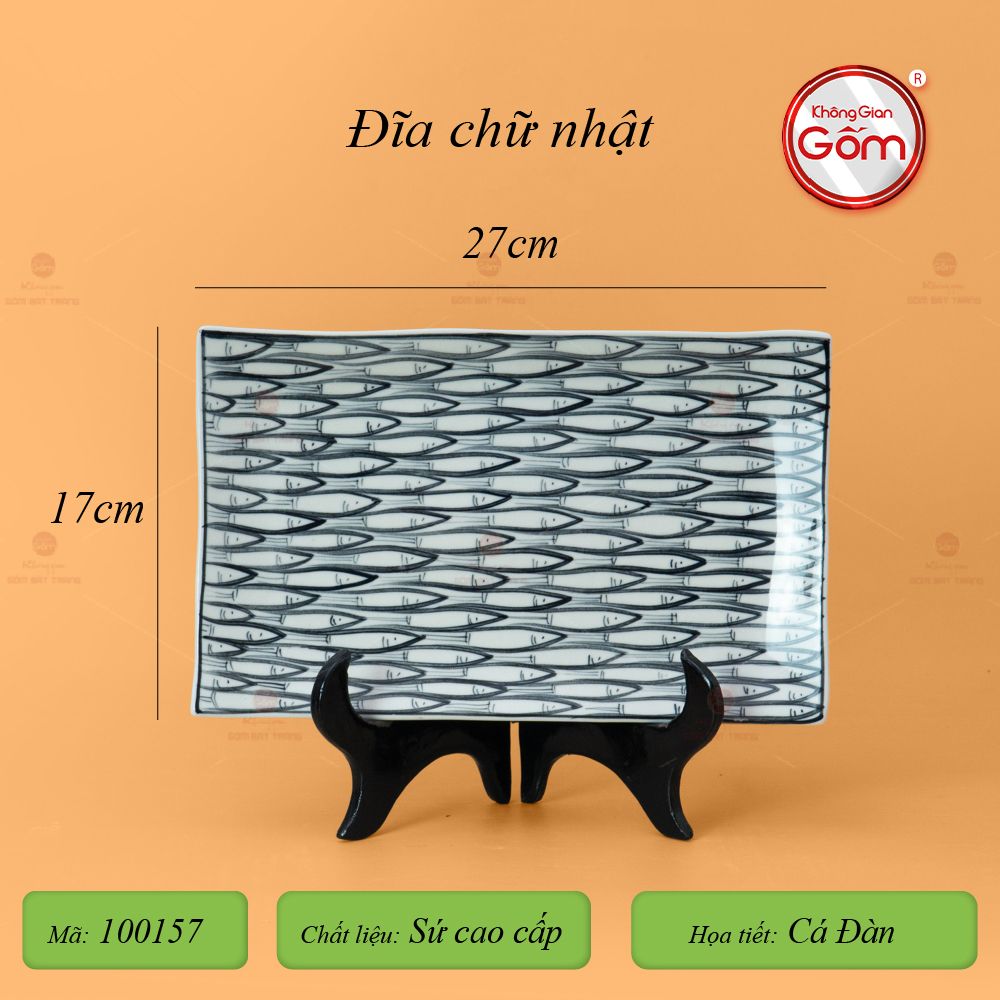Đĩa Chữ Nhật Men Trắng Vẽ Cá Đàn