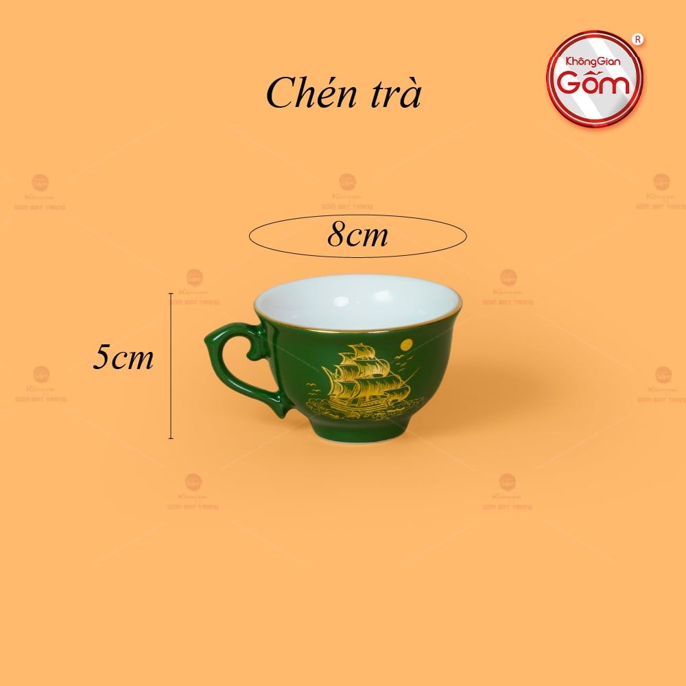 Bộ Trà Men Lục Ngọn Lửa Thuận Buồm Xuôi Gió Vẽ Vàng