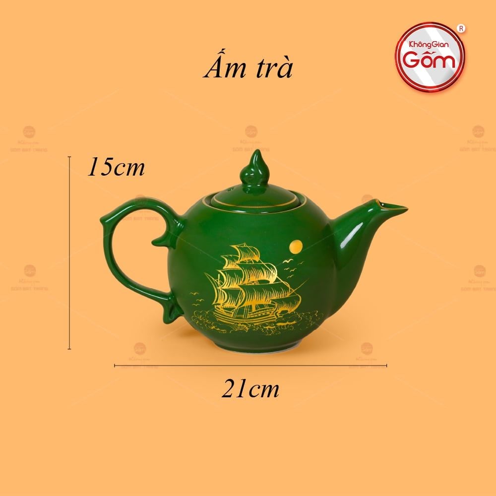 Bộ Trà Men Lục Ngọn Lửa Thuận Buồm Xuôi Gió Vẽ Vàng