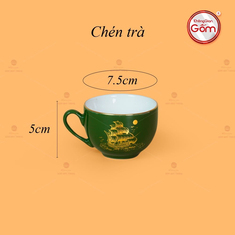 Bộ Trà Men Lục Đài Các Thuận Buồm Xuôi Gió Vẽ Vàng