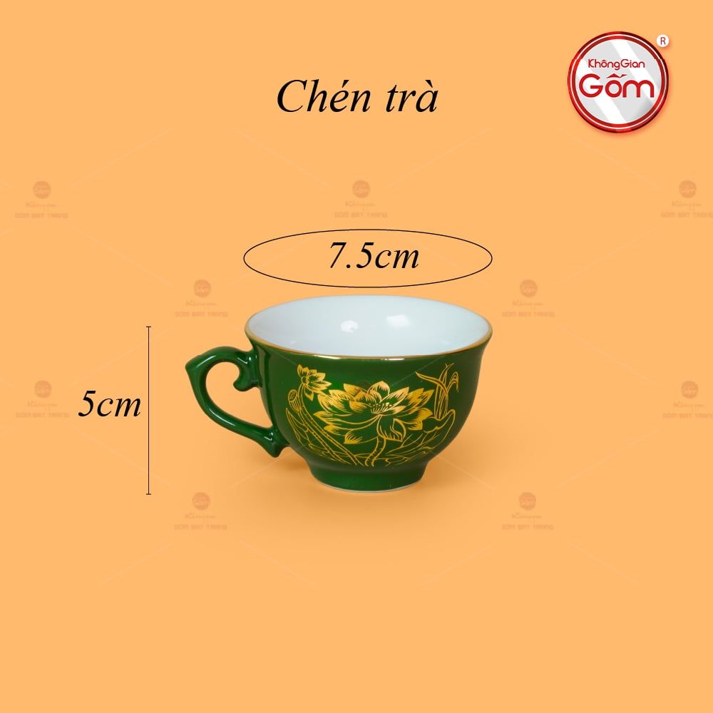 Bộ Trà Men Lục Đài Các Hoa Sen Vẽ Vàng