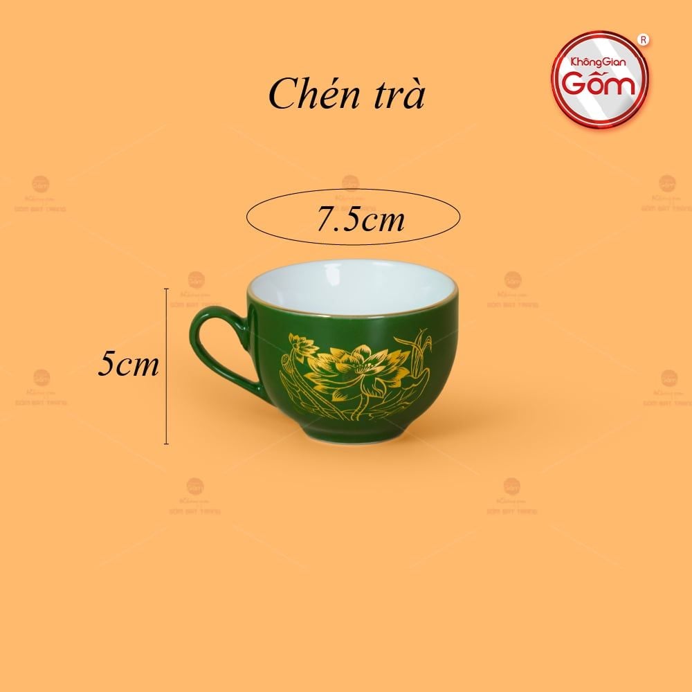 Bộ Trà Men Lục Ngọn Lửa Hoa Sen Vẽ Vàng