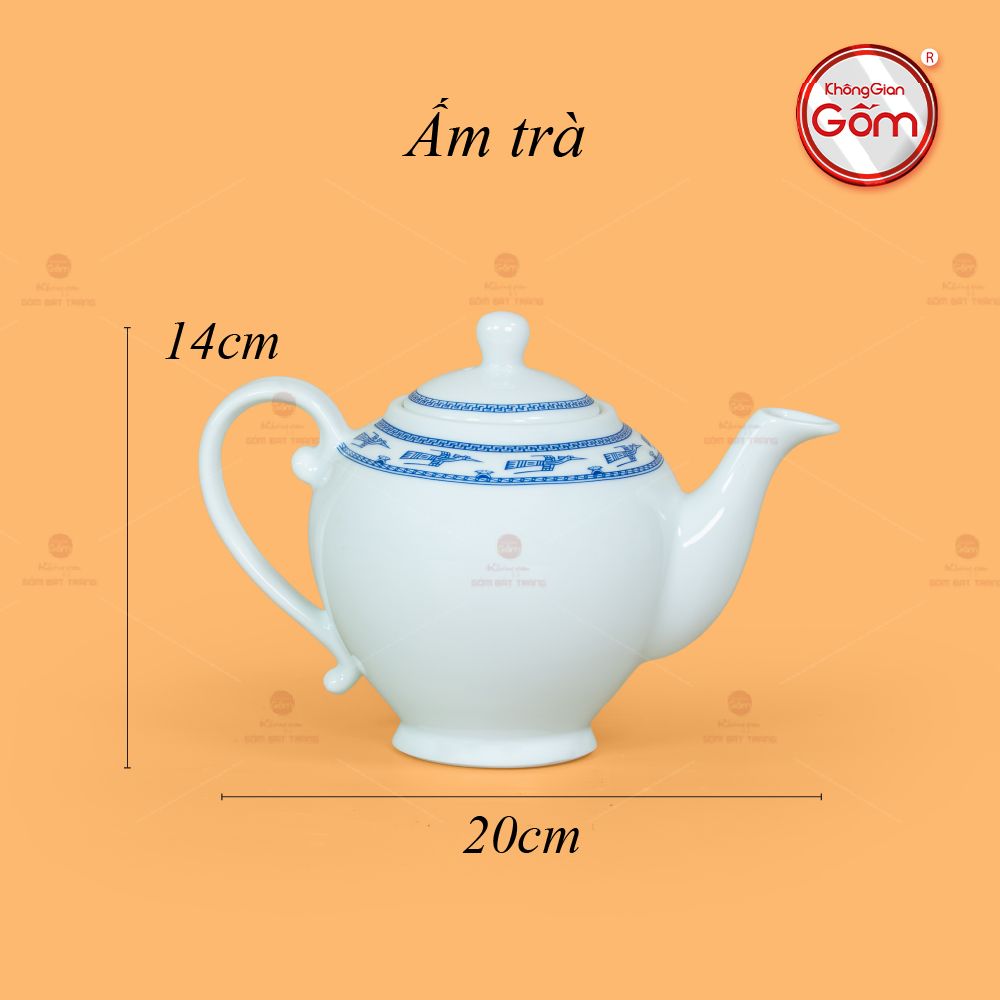 Bộ Trà Men Trắng Camelia Viền Chim Hạc Xanh