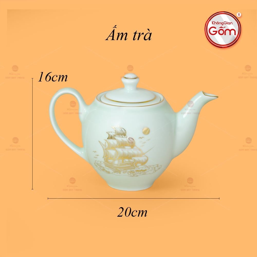 Bộ Trà Men Trắng Dáng Minh Long Thuận Buồm Xuôi Gió Vẽ Vàng