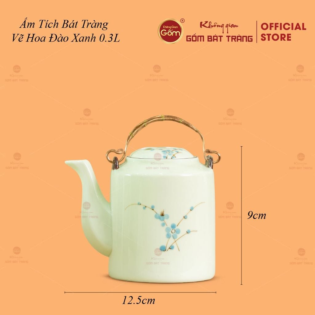 Ấm Tích Bát Tràng Vẽ Hoa Đào Xanh