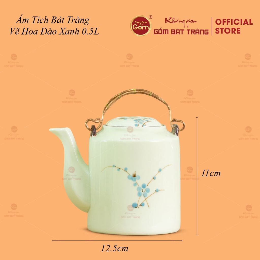 Ấm Tích Bát Tràng Vẽ Hoa Đào Xanh