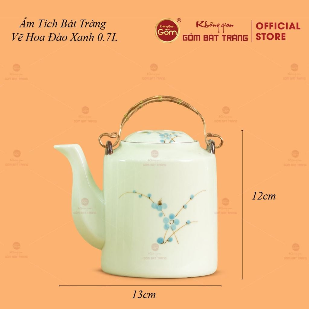 Ấm Tích Bát Tràng Vẽ Hoa Đào Xanh
