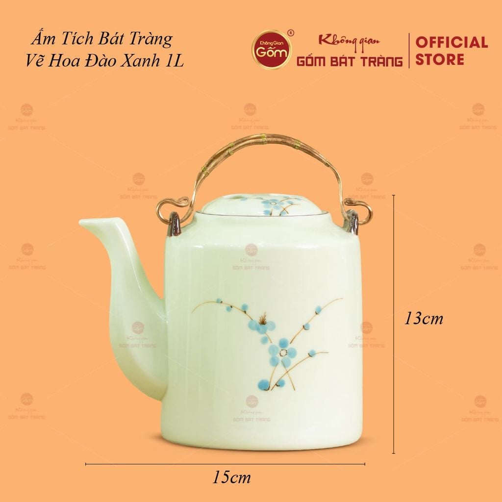 Ấm Tích Bát Tràng Vẽ Hoa Đào Xanh