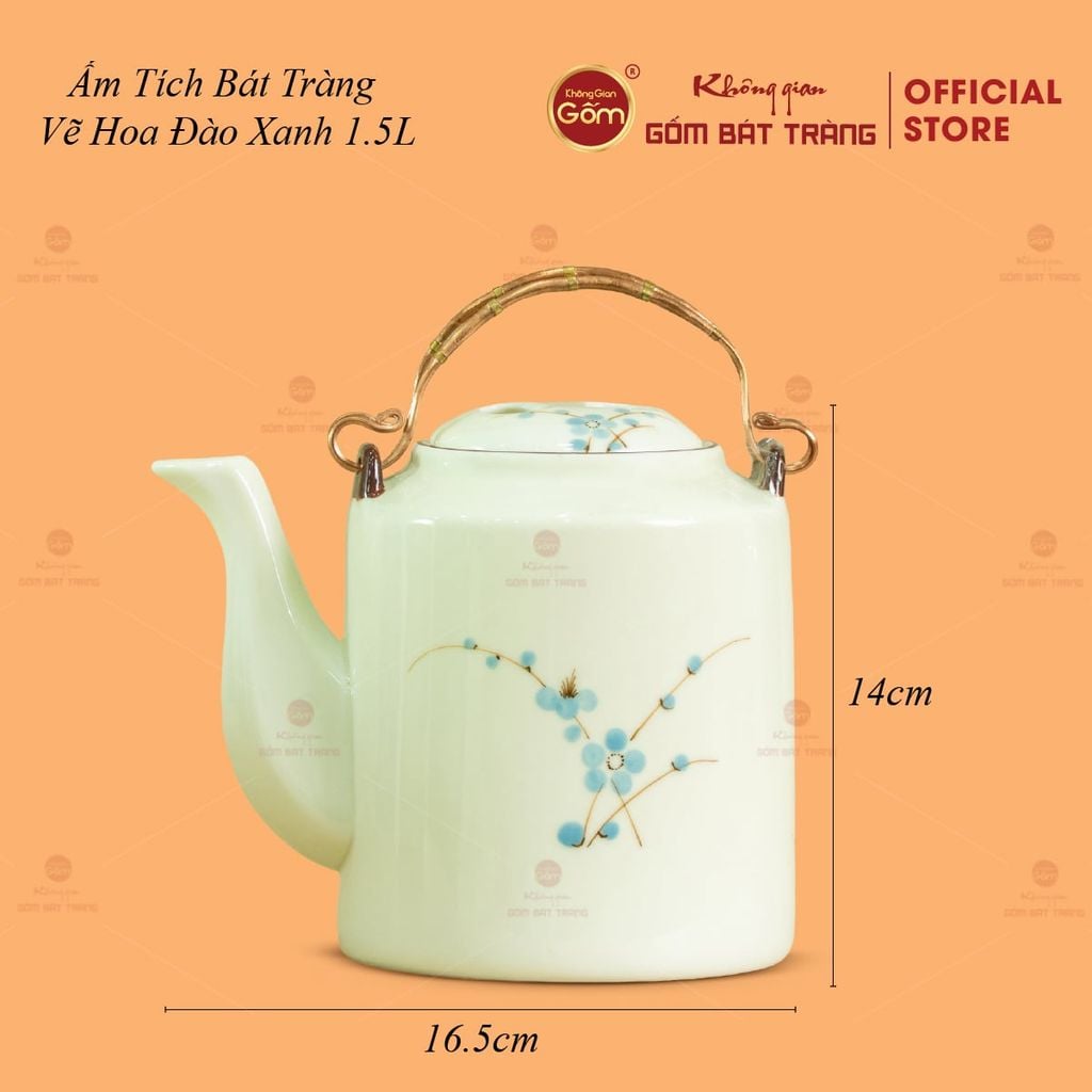 Ấm Tích Bát Tràng Vẽ Hoa Đào Xanh