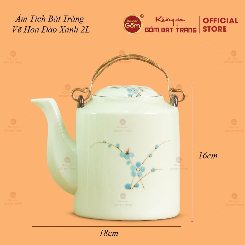 Ấm Tích Bát Tràng Vẽ Hoa Đào Xanh