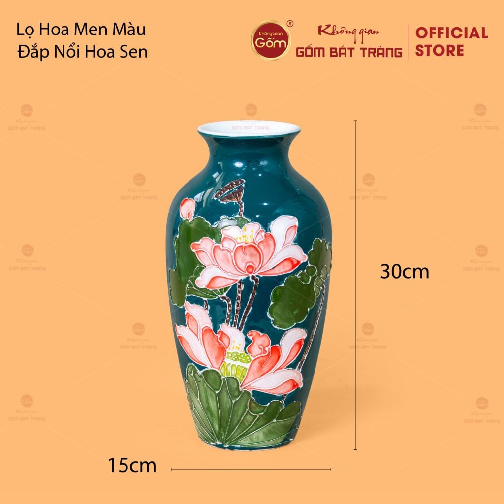 Lọ Hoa Men Màu Đắp Nổi Hoa Sen