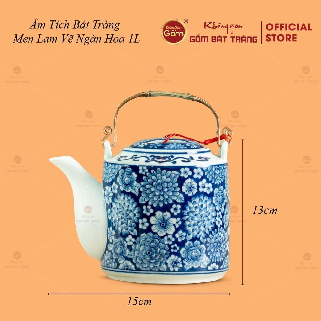 Ấm Tích Bát Tràng Men Lam Vẽ Ngàn Hoa