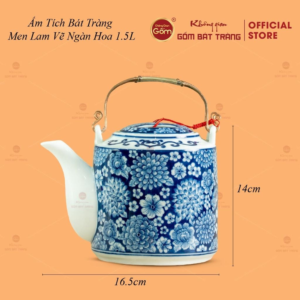 Ấm Tích Bát Tràng Men Lam Vẽ Ngàn Hoa