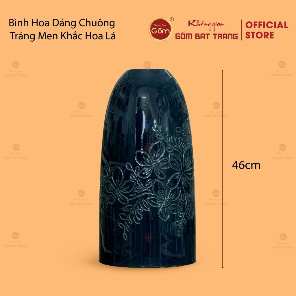 Bình Hoa Dáng Chuông Tráng Men Khắc Hoa Lá