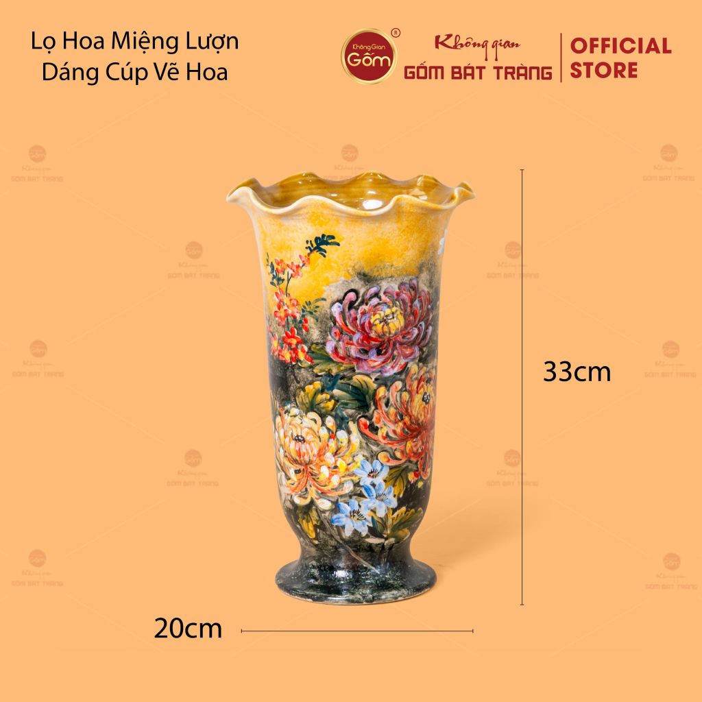 Lọ Hoa Miệng Lượn Dáng Cúp Vẽ Hoa