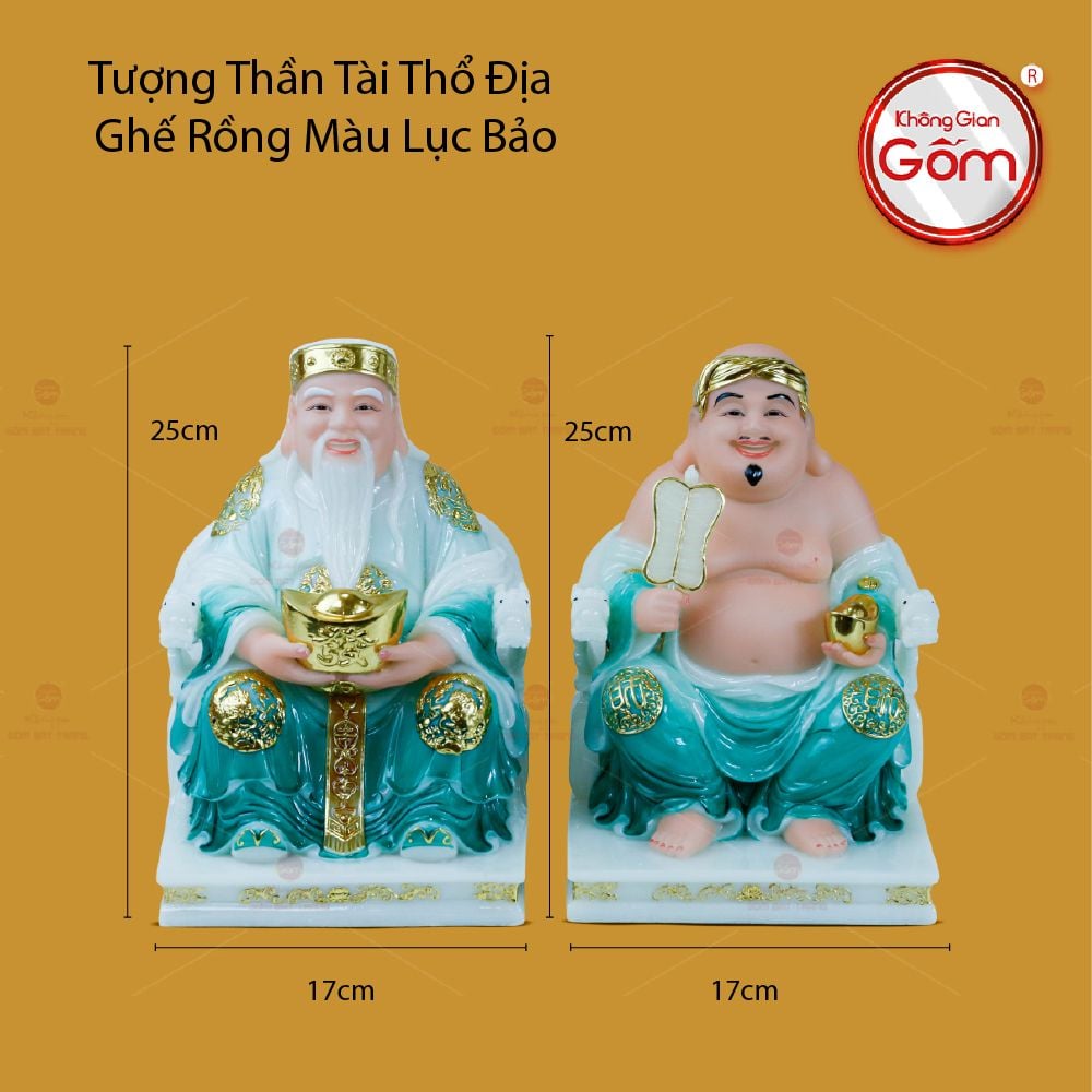 Tượng Thần Tài Thổ Địa Ghế Rồng Màu Lục Bảo