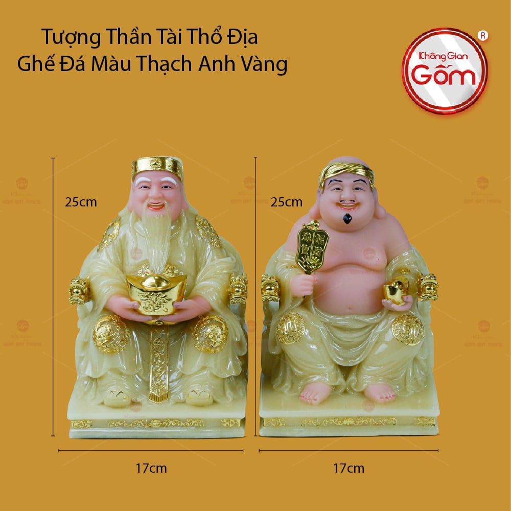 Tượng Thần Tài Thổ Địa Ghế Rồng Màu Thạch Anh Vàng