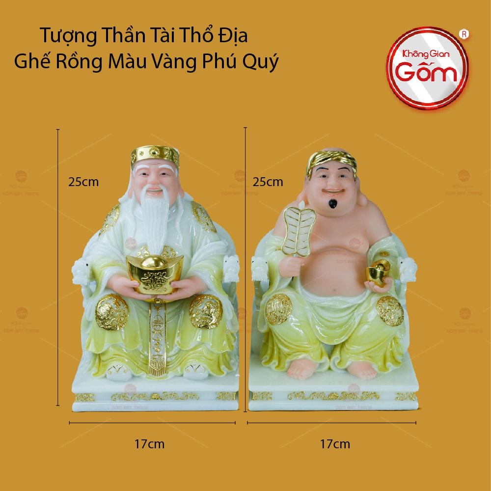 Tượng Thần Tài Thổ Địa Ghế Rồng Màu Vàng Phú Quý