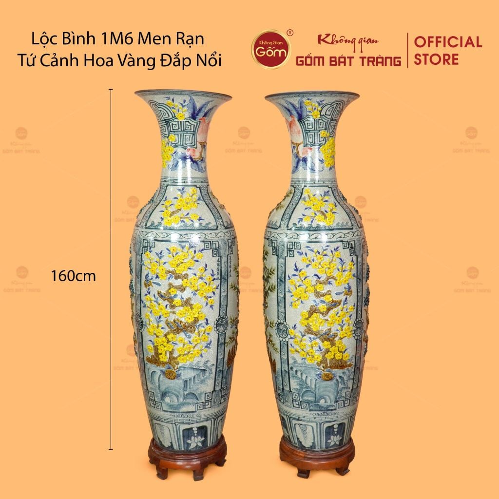 Lộc Bình Men Rạn Tứ Cảnh Hoa Vàng Đắp Nổi