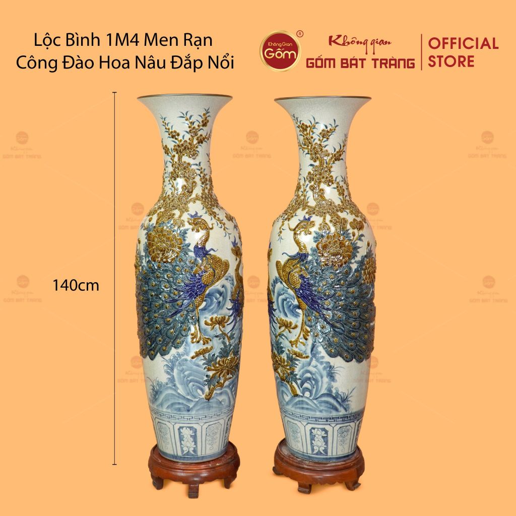 Lộc Bình 1M4 Men Rạn Công Đào Hoa Nâu Đắp Nổi