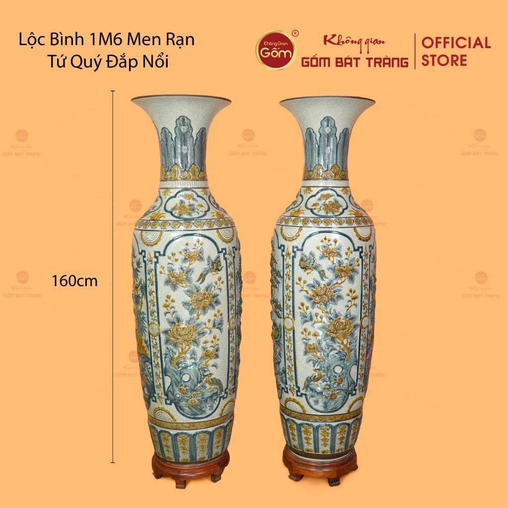 Lộc Bình 1M6 Men Rạn Tứ Quý Đắp Nổi