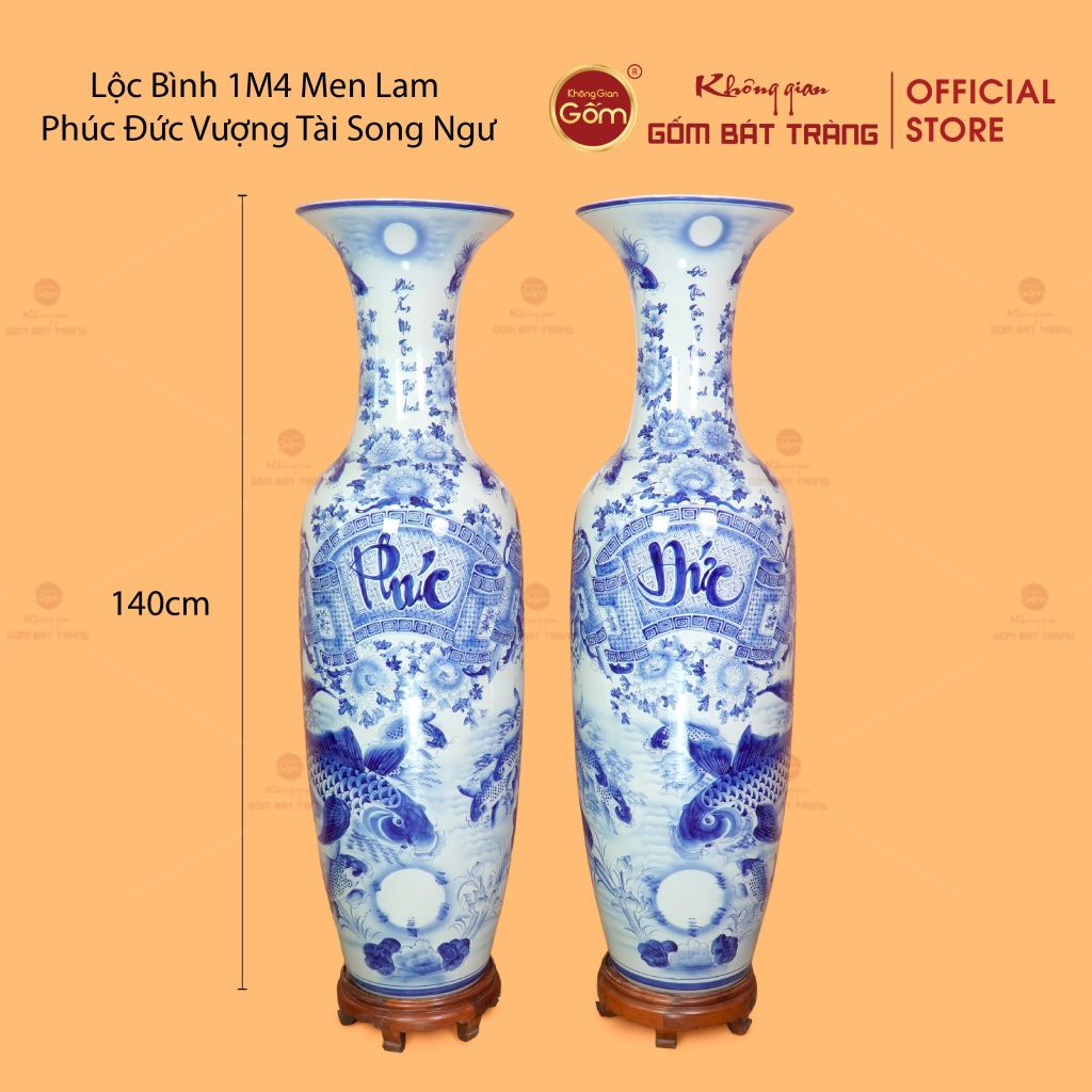 Lộc Bình Men Lam Phúc Đức Vượng Tài Song Ngư