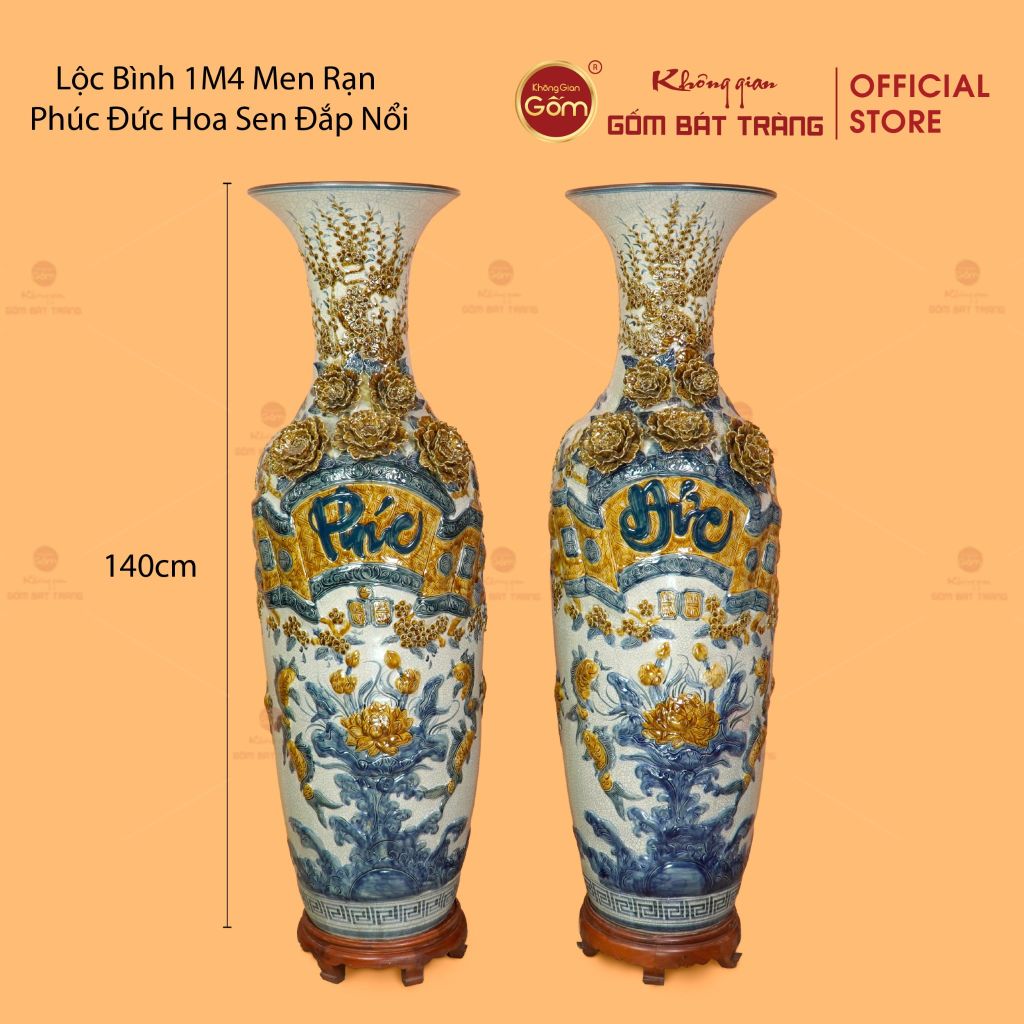 Lộc Bình Men Rạn Phúc Đức Hoa Sen Đắp Nổi