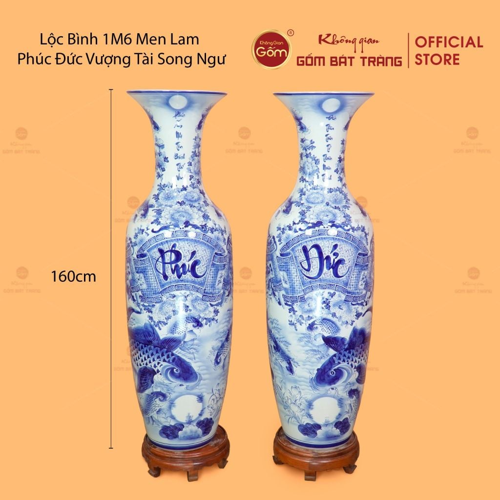 Lộc Bình Men Lam Phúc Đức Vượng Tài Song Ngư